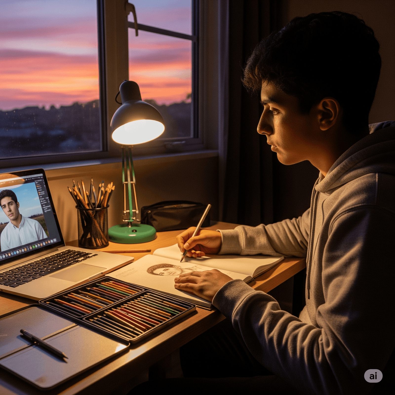 High school student completing his online art lesson at his desk.