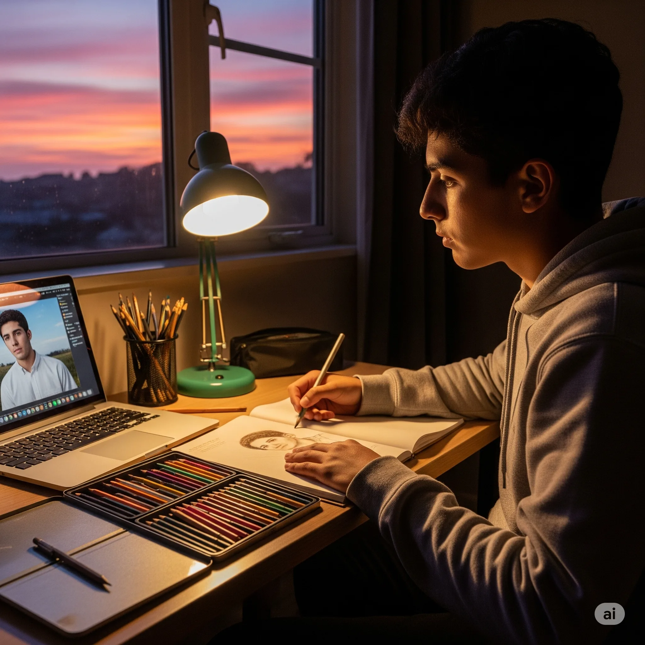 Home High school student completing his online art lesson at his desk.